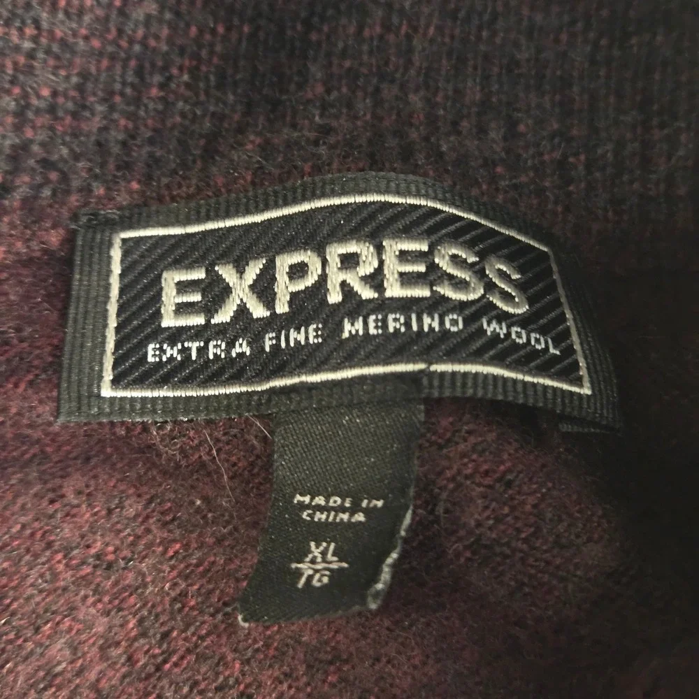 Express Men's 100% Merino Wool Quarter Zip Sweater, Size XL, Burgundy Maroon
